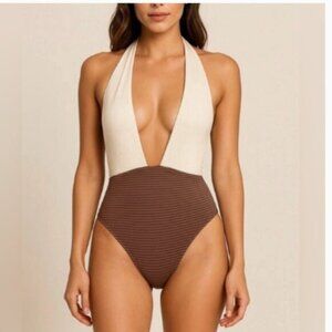 Cream and Brown Plunge Halter One-Piece Swimsuit